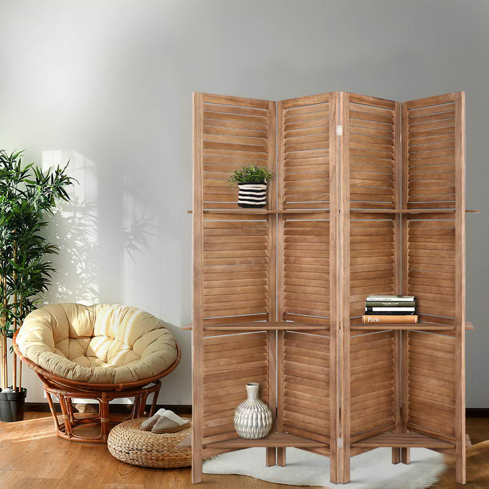 Artiss 4 Panel Room Divider Screen 163x170cm Shelf Oak-6