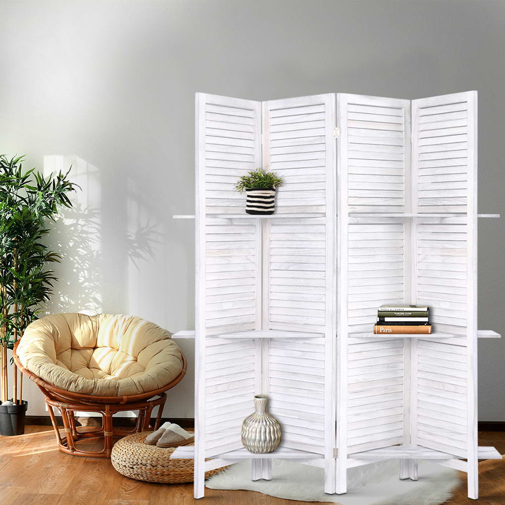 Artiss 4 Panel Room Divider Screen 163x170cm Shelf White-6