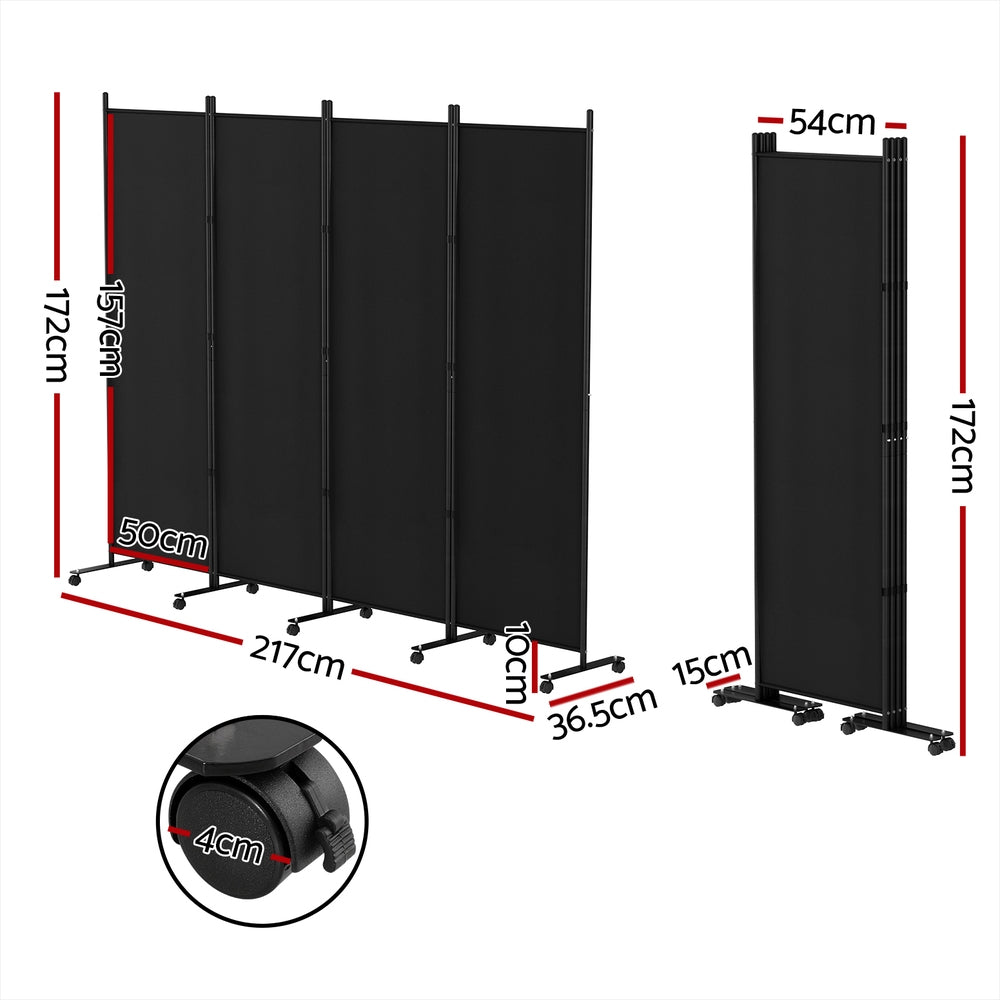 Artiss 4 Panel Room Divider Screen 217cm Wheel Fabric Black-1