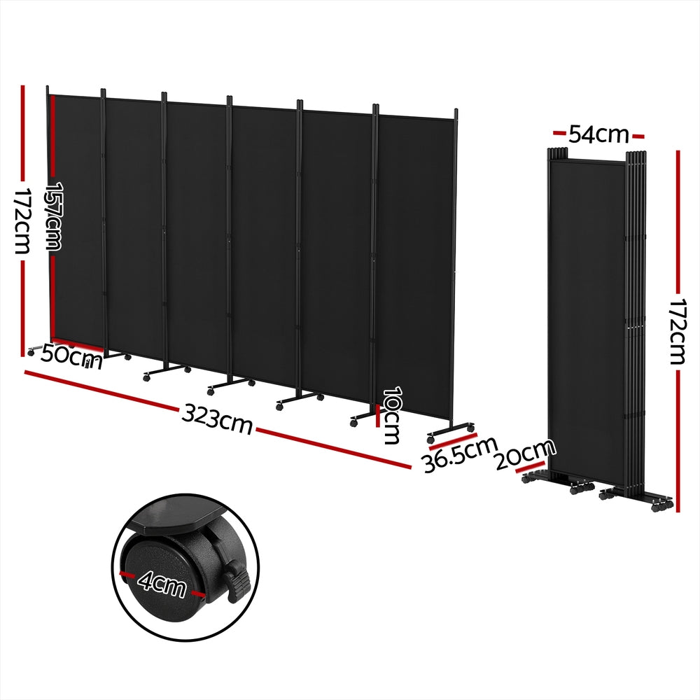 Artiss 6 Panel Room Divider Screen 323cm Wheel Fabric Black-1