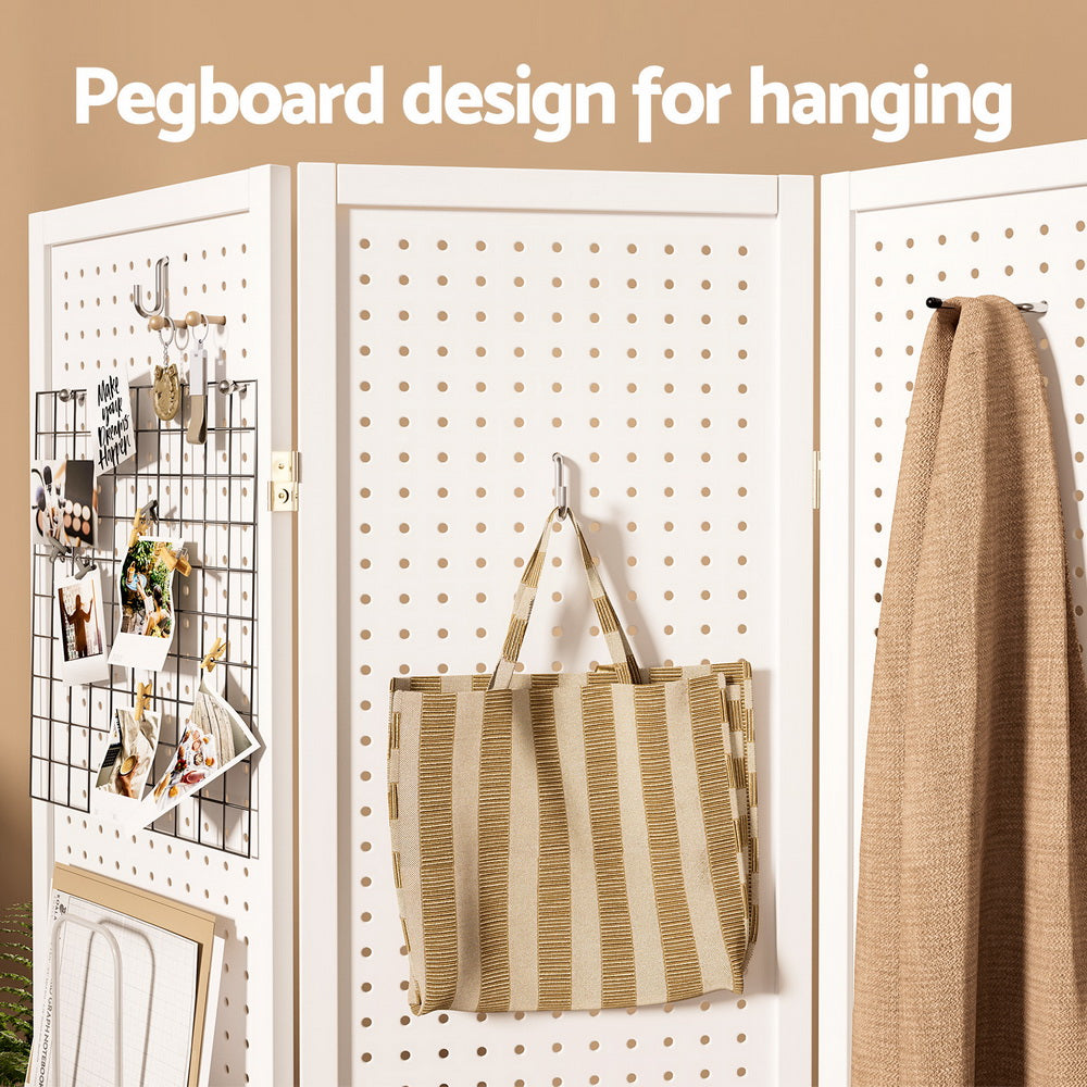 Artiss 4 Panel Room Divider Screen 164x170cm Pegboard White-4