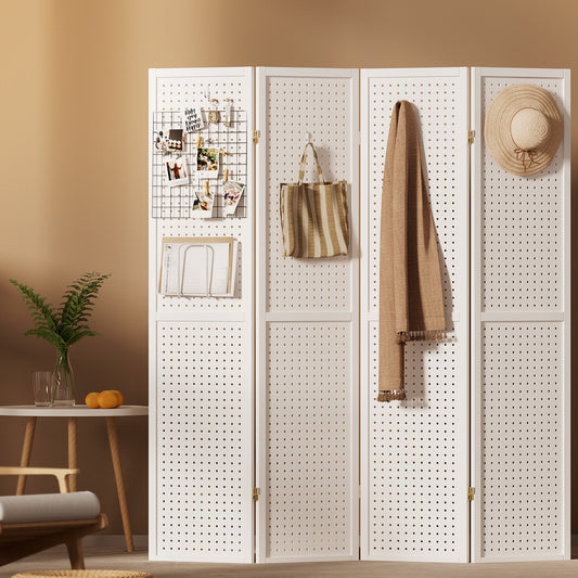 Artiss 4 Panel Room Divider Screen 164x170cm Pegboard White-0