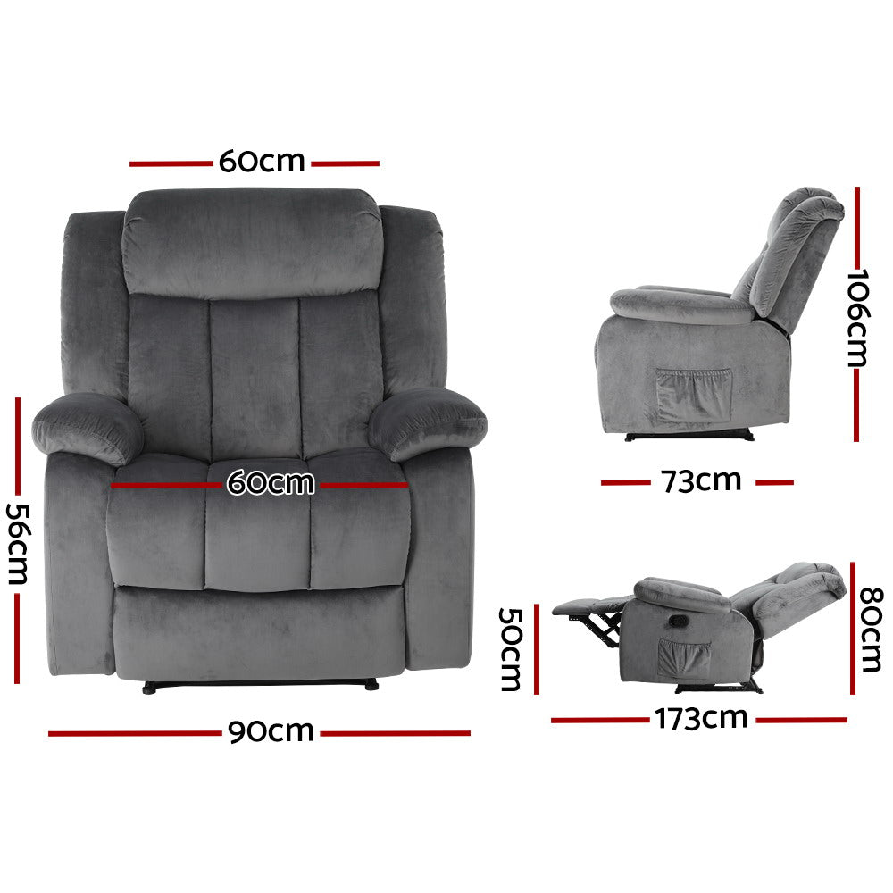 Artiss Recliner Chair Electric Massage Chair Velvet Lounge Sofa Heated Grey-1