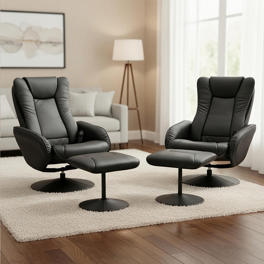 Artiss 2X Recliner Chair Ottoman Heated Massage Black-6