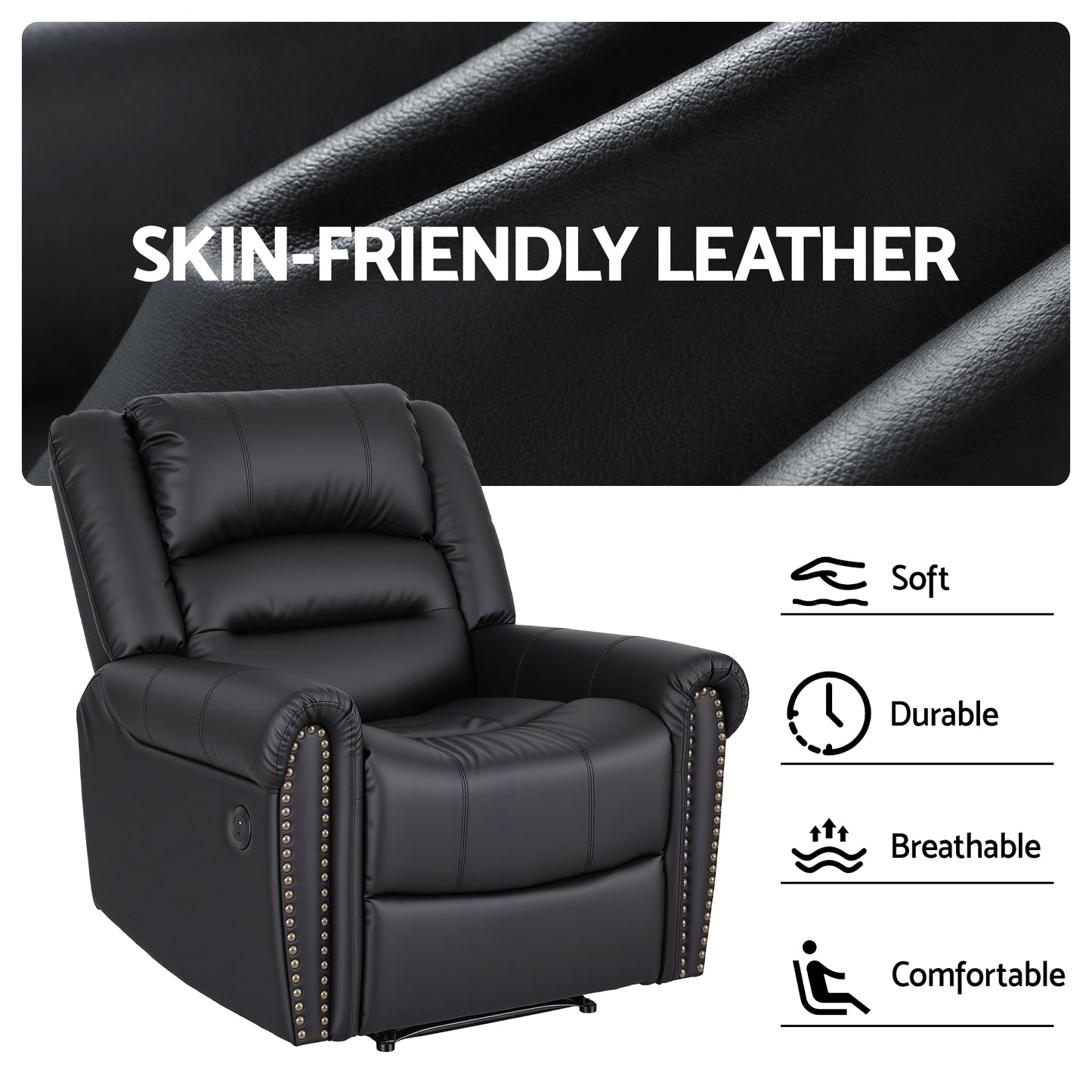Artiss Leather Manual Recliner Chair with USB Charge Port, Overstuffed Armchair Sofa for Living Room and Nursery, Asjustable Theater Reclining Lounge with Comfortable Wide Seat, 150kg Capacity, Black