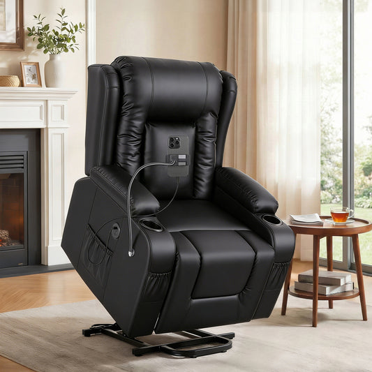 Artiss Power Lift Recliner Chair with Massage and Heat for Elderly, Electric Sofa Reclining Chair with USB and Phone Holder, PU Leather Comfy Armchair for Living Room, 2 Cup Holder & 4 Pockets, Black