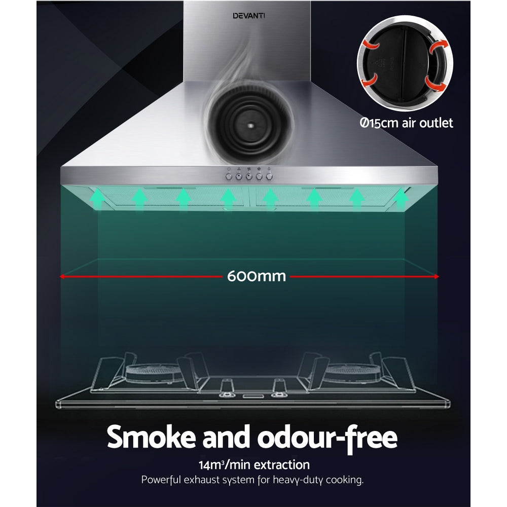 Devanti 600mm Range Hood 60cm Rangehood Stainless Steel-2