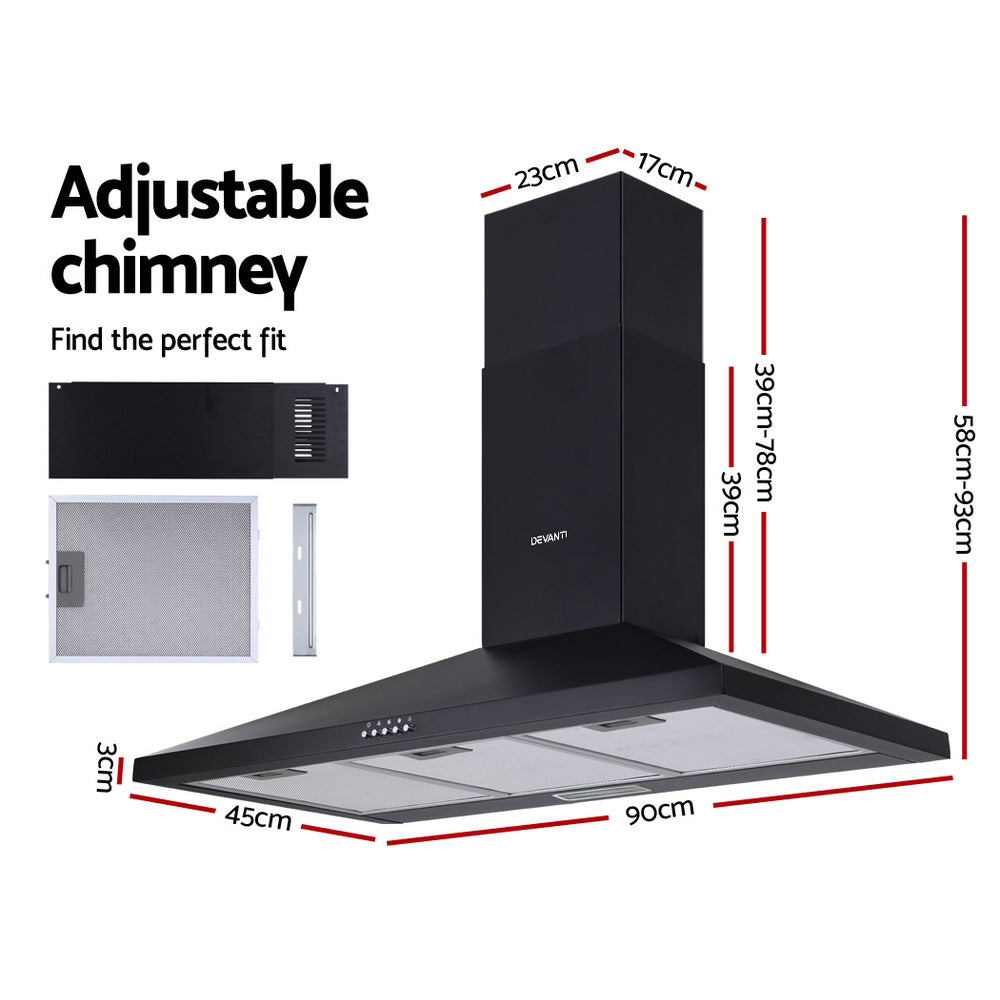 Devanti 900mm Range Hood 90cm Rangehood Black-1