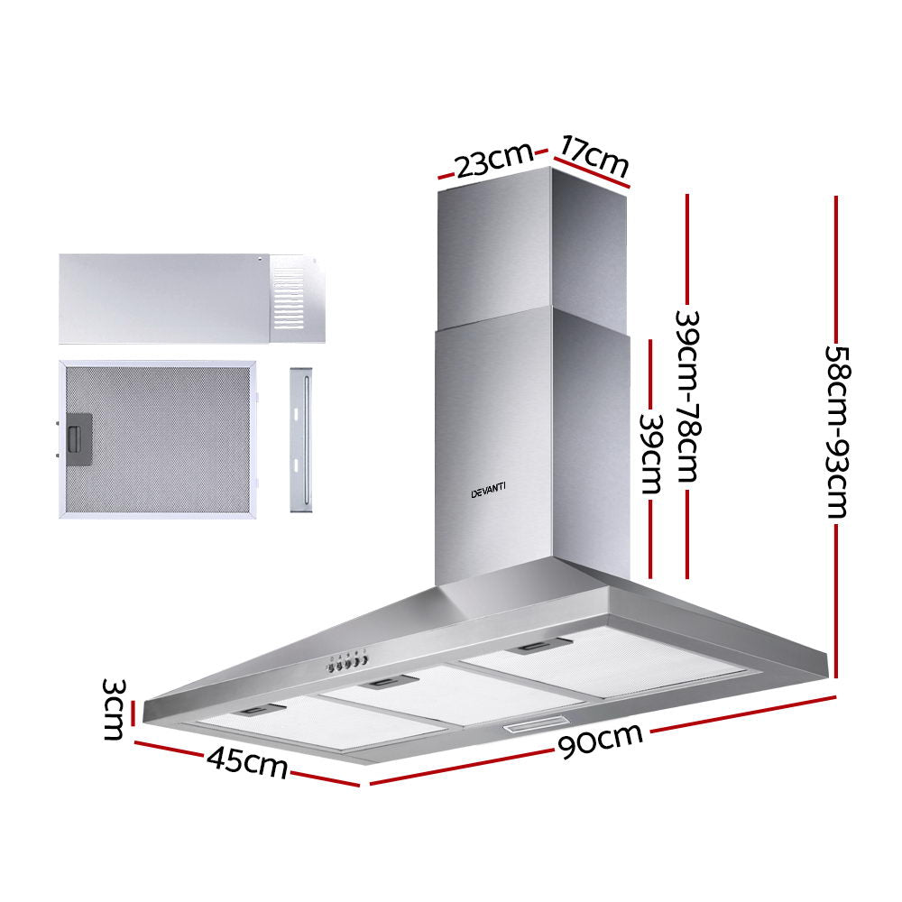Devanti 900mm Range Hood 90cm Rangehood Stainless Steel-1
