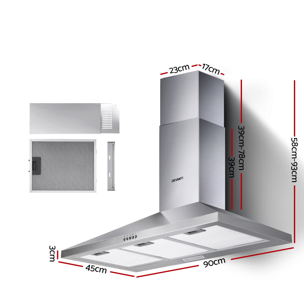 Devanti 900mm Range Hood 90cm Rangehood Stainless Steel-1