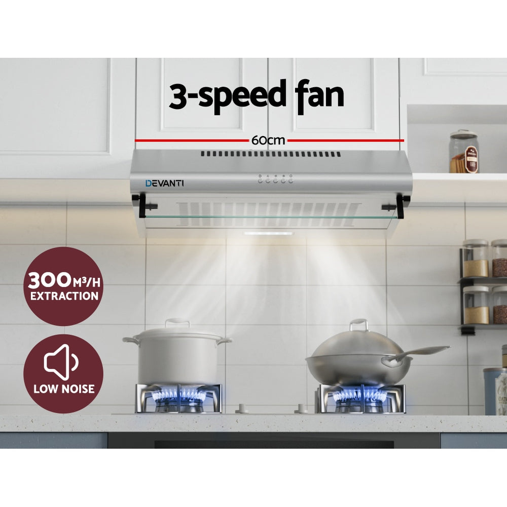 Devanti 600mm Range Hood 60cm Rangehood Kitchen Canopy LED Light Stainless Steel-3