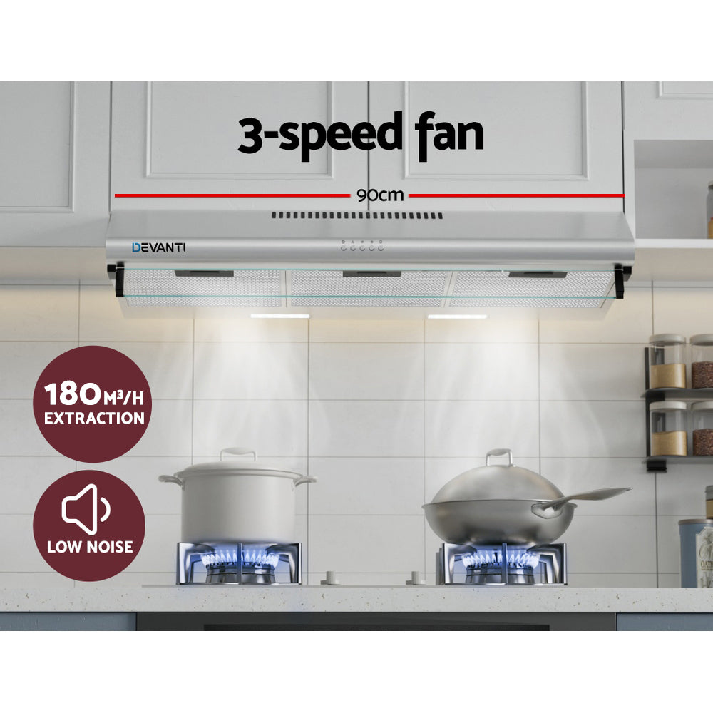 Devanti 900mm Range Hood 90cm Rangehood Stainless Steel-3