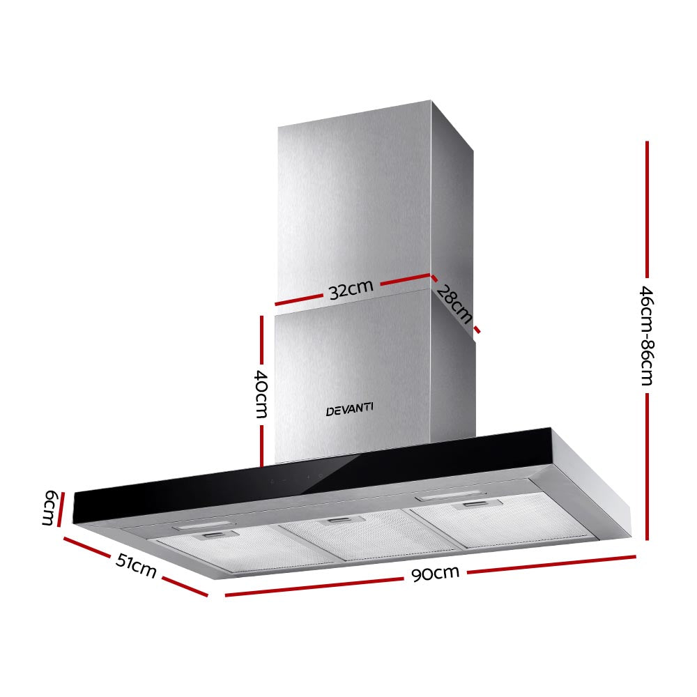 Devanti 900mm Range Hood 90cm Rangehood Glass Stainless Steel-1