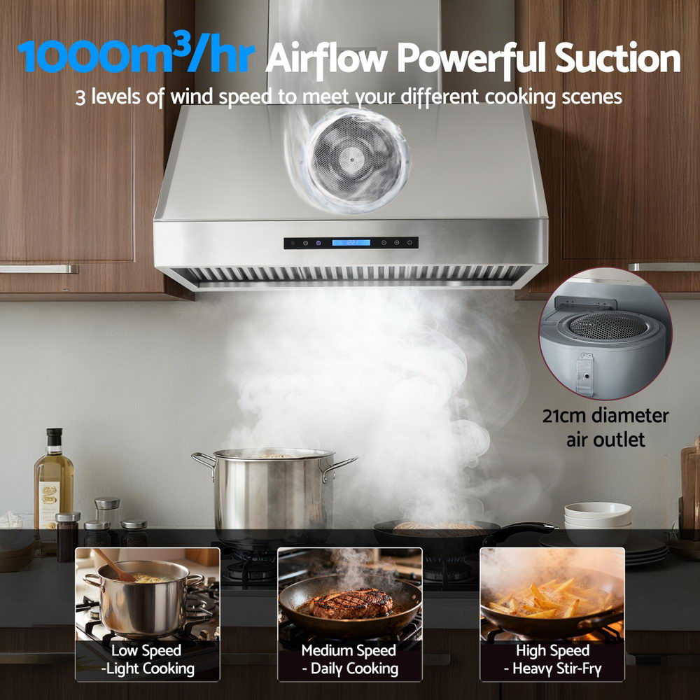 Devanti 900mm Range Hood 3-Speed Fan LED Display Remote Control-4