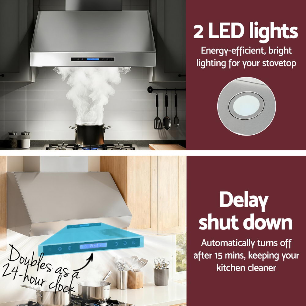 Devanti 900mm Range Hood 3-Speed Fan LED Display Remote Control-6