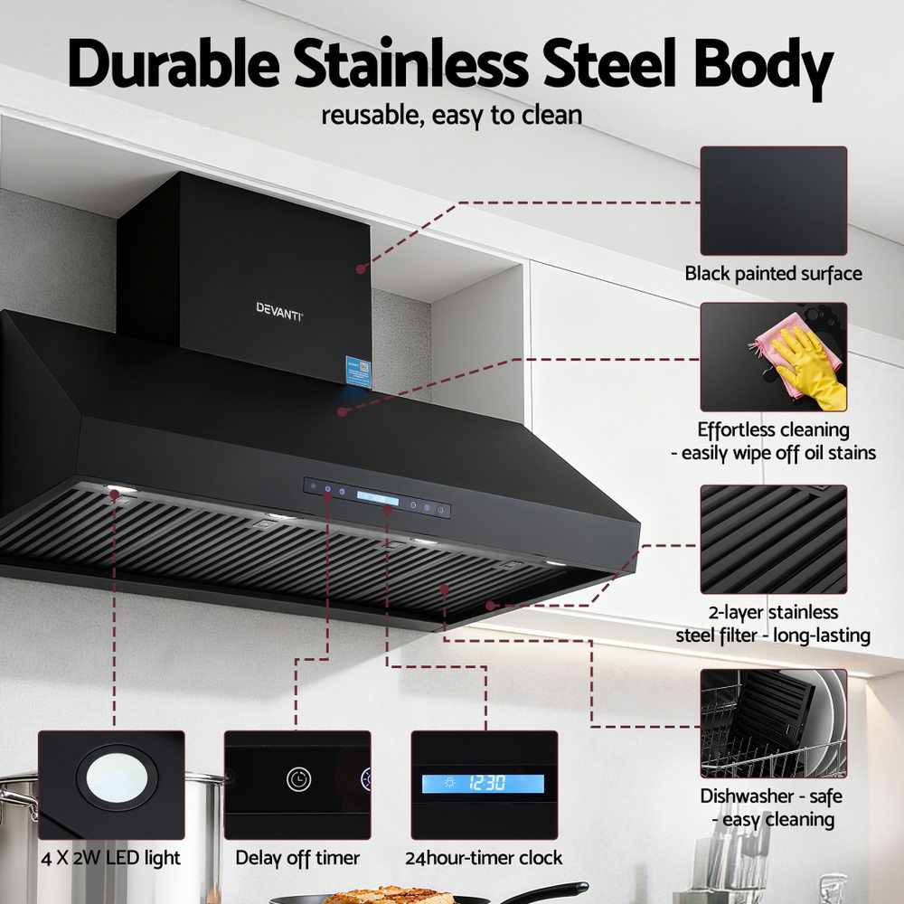 Devanti 1200mm Commercial BBQ Range Hood Dual Motor W/ Remote Control Black-7