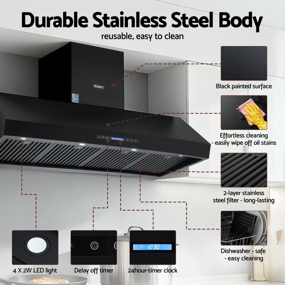 Devanti 1500mm Commercial BBQ Range Hood Dual Motor W/ Remote Control Black-7