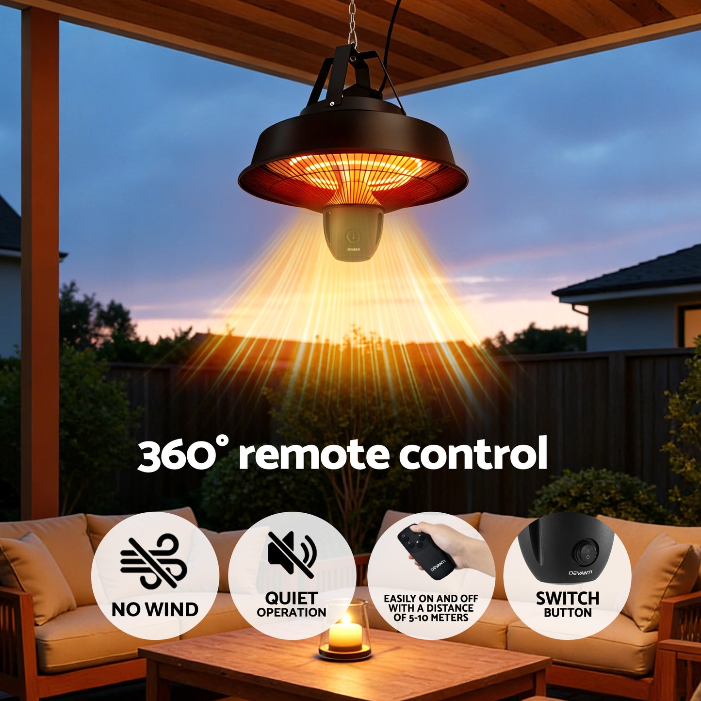 Devanti 2000W Electric Patio Heater Ceiling Mounted Hanging Heaters Remote