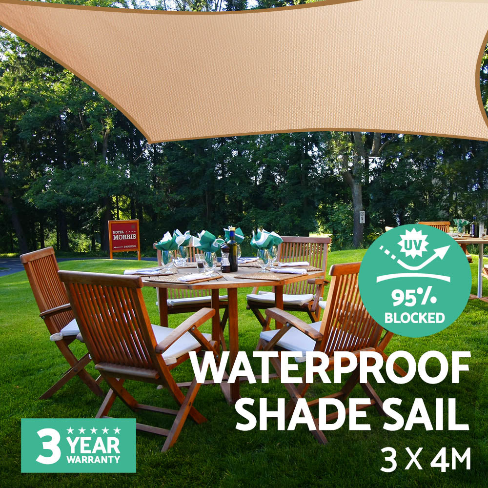 Instahut Waterproof Shade Sail 3x4m Rectangle Sand 95% Shade Cloth-6