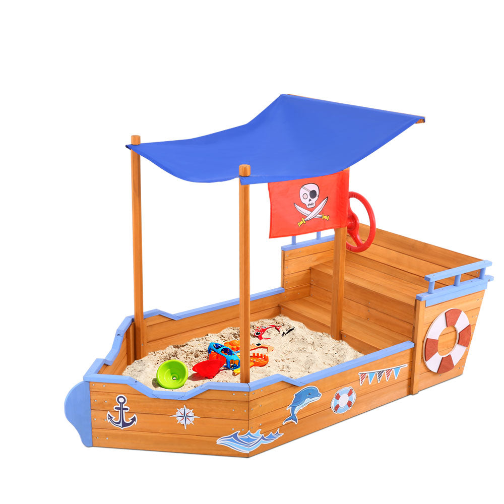 Keezi Kids Sandpit Wooden Boat Sand Pit with Canopy Bench Seat Beach Toys 165cm-0