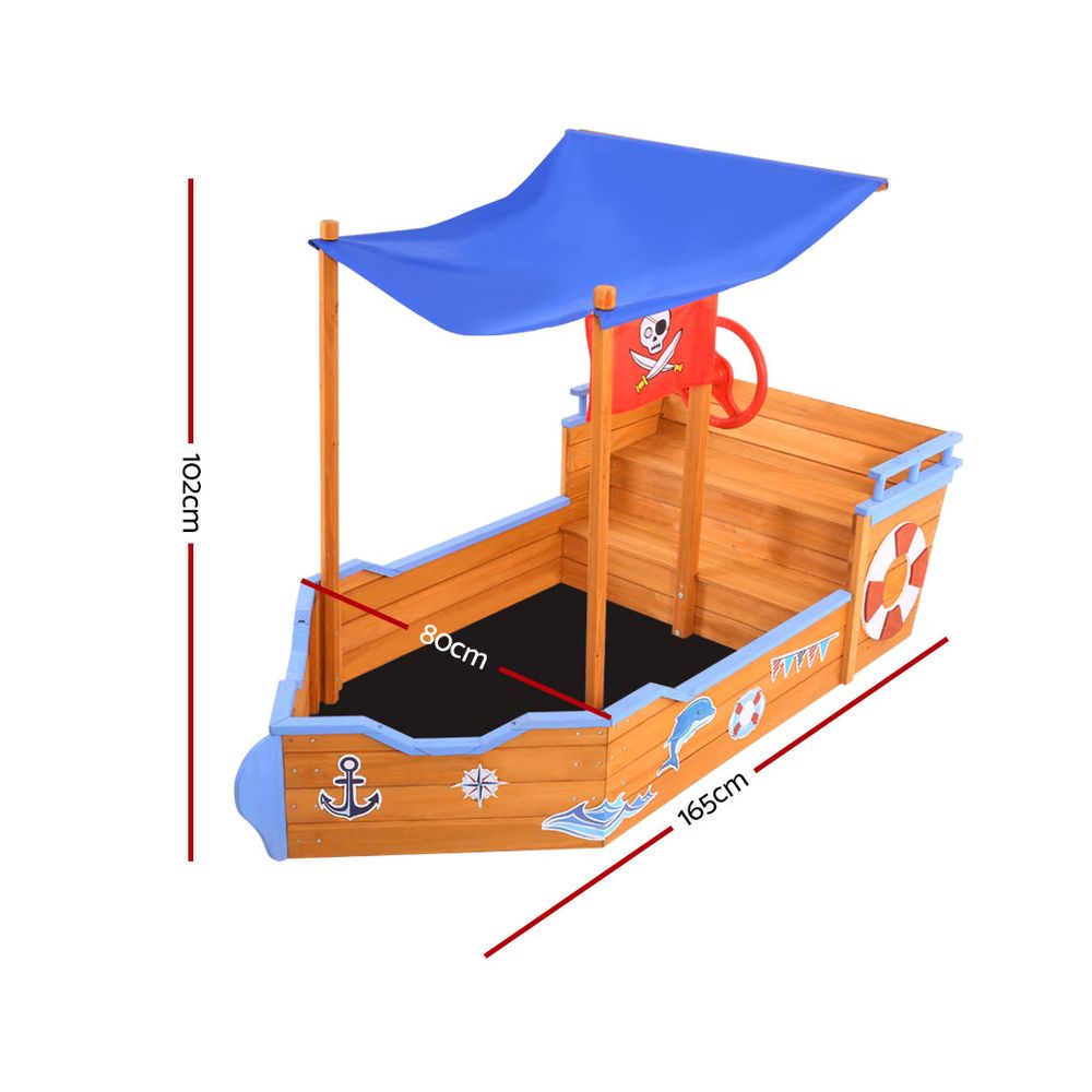 Keezi Kids Sandpit Wooden Boat Sand Pit with Canopy Bench Seat Beach Toys 165cm-1