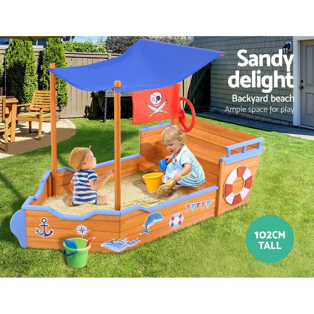 Keezi Kids Sandpit Wooden Boat Sand Pit with Canopy Bench Seat Beach Toys 165cm-2