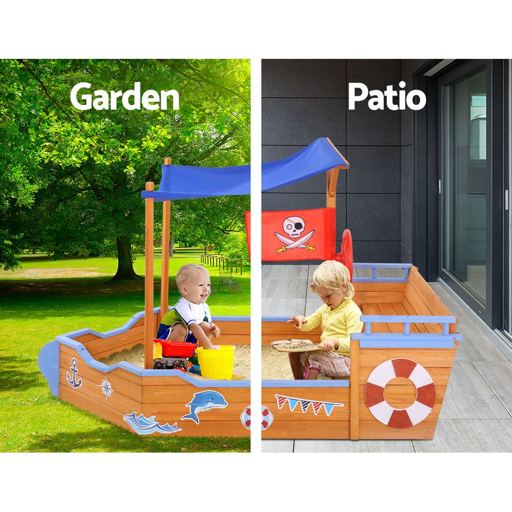 Keezi Kids Sandpit Wooden Boat Sand Pit with Canopy Bench Seat Beach Toys 165cm-3