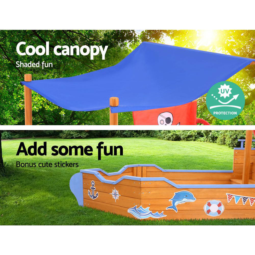 Keezi Kids Sandpit Wooden Boat Sand Pit with Canopy Bench Seat Beach Toys 165cm-4