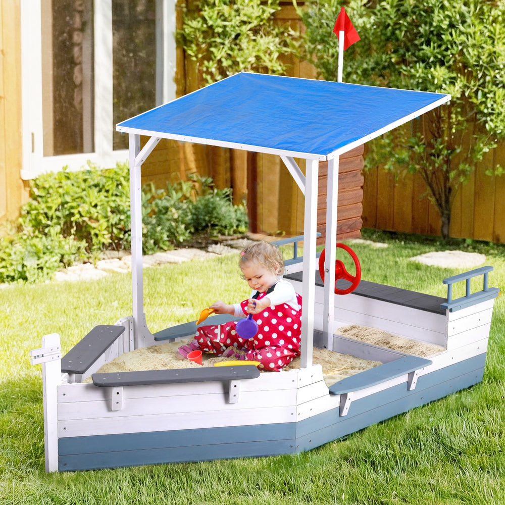 Keezi Kids Sandpit Wooden Box Boat Canopy Flag Outdoor Toys Children Blue-4