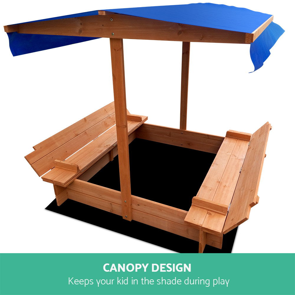 Keezi Kids Sandpit Wooden Sandbox Sand Pit with Canopy Foldable Seat Toys 120cm-2