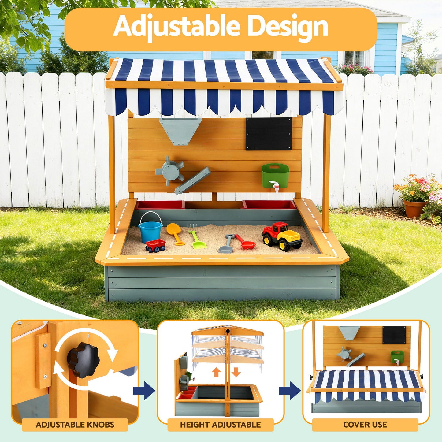 Keezi Kids Sandpit Wooden Canopy Sandbox With Cover Funnel Outdoor Toys 110cm Green