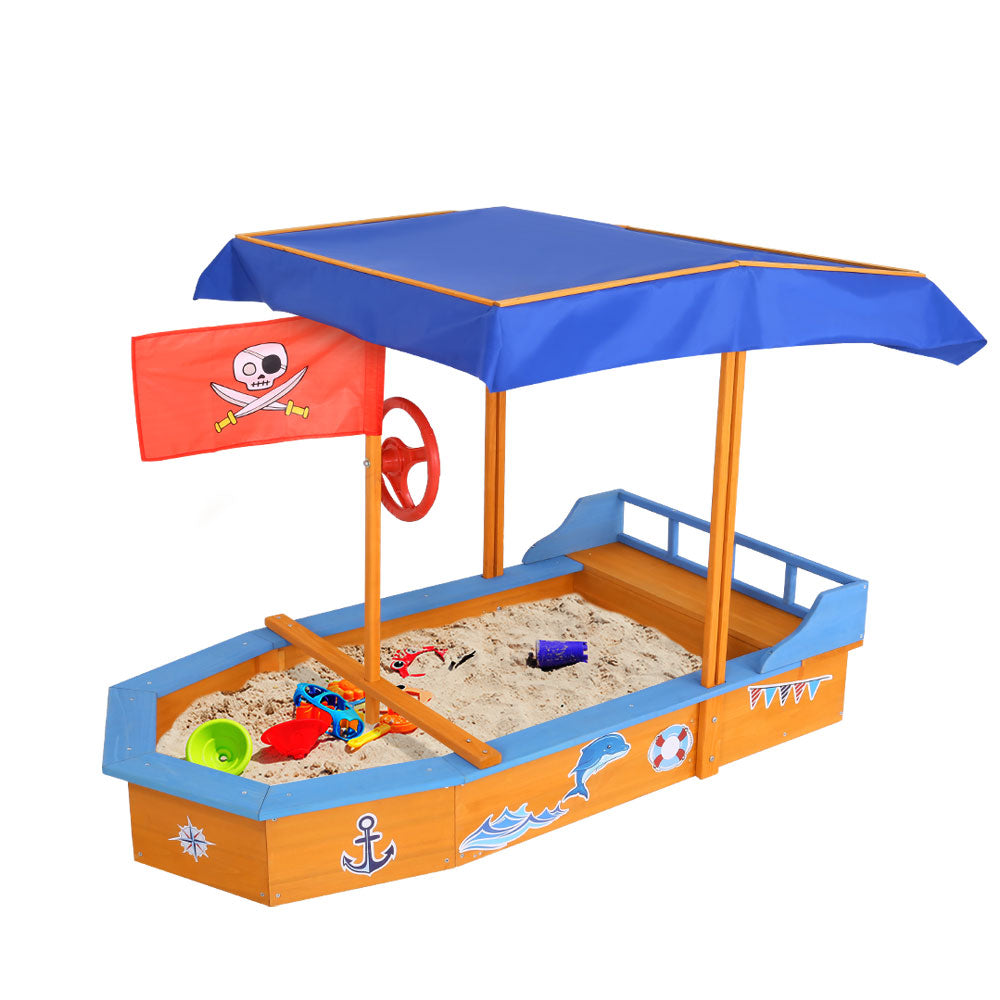 Keezi Kids Sandpit Wooden Boat Sand Pit with Canopy Bench Seat Beach Toys 150cm-0