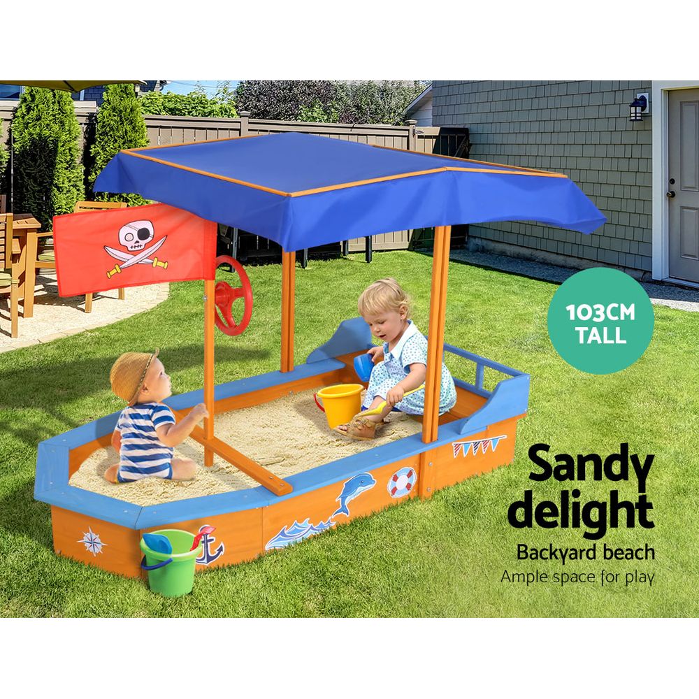 Keezi Kids Sandpit Wooden Boat Sand Pit with Canopy Bench Seat Beach Toys 150cm-2