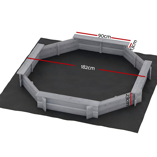 Keezi Kids Sandpit Wooden Round Sand Pit with Cover Bench Seat Beach Toys 182cm Grey