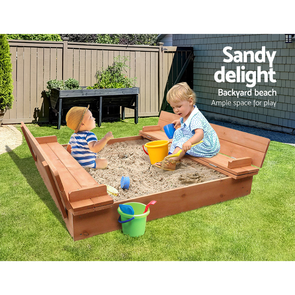 Keezi Kids Sandpit Wooden Sandbox Sand Pit Foldable Seat Outdoor Beach Toys 90cm-3