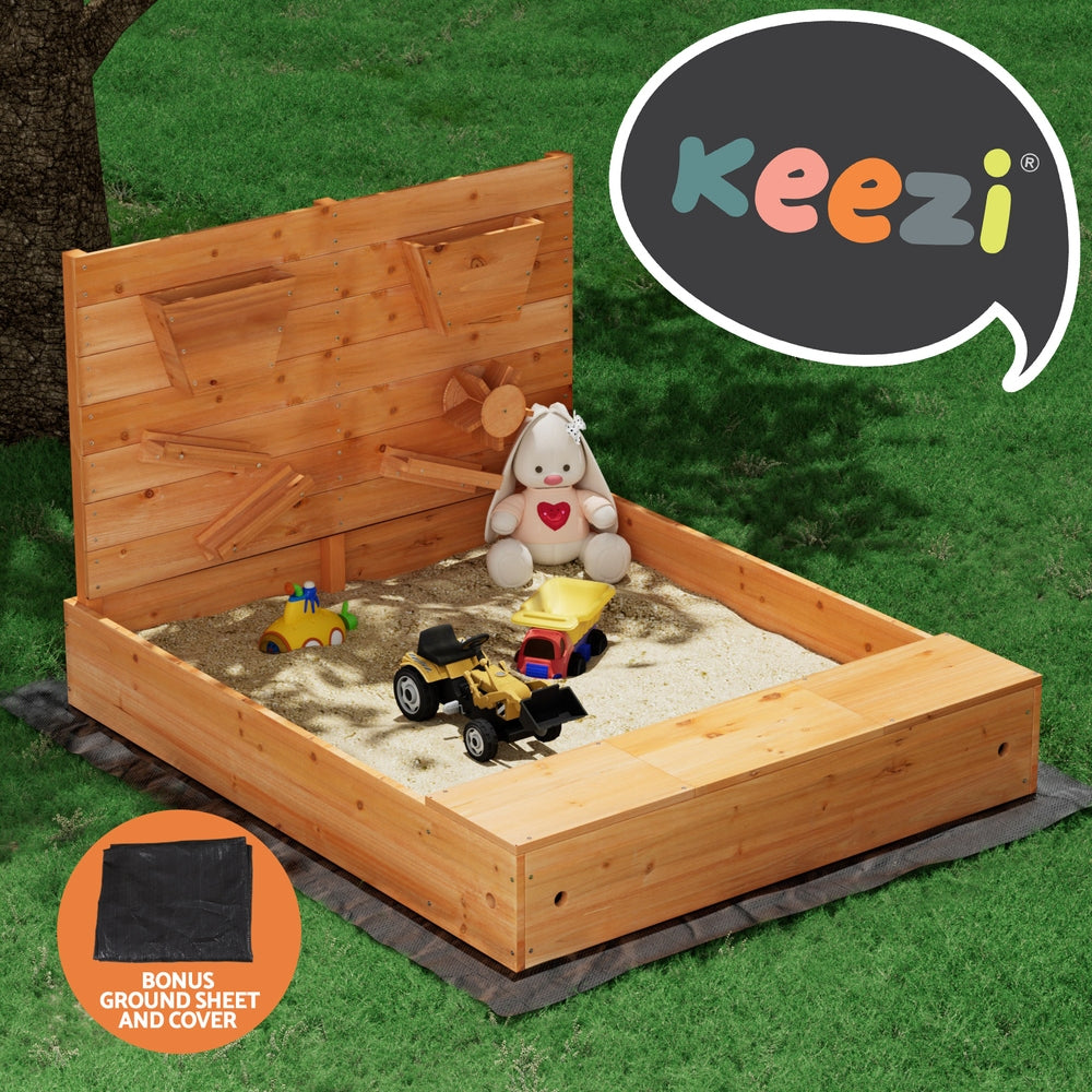 Keezi Kids Sandpit Wooden Sandbox Sand Pit with Cover Funnel Outdoor Toys 120cm-4