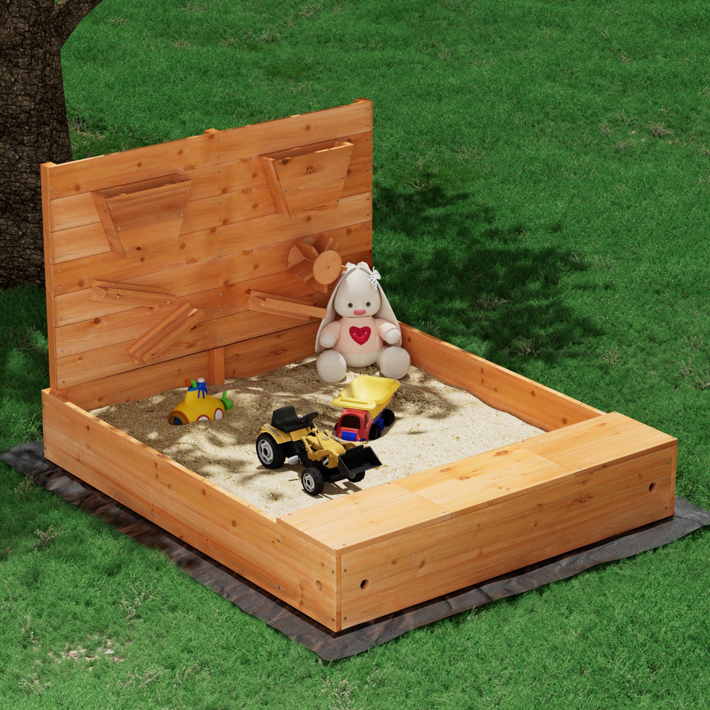 Keezi Kids Sandpit Wooden Sandbox Sand Pit with Cover Funnel Outdoor Toys 120cm-5