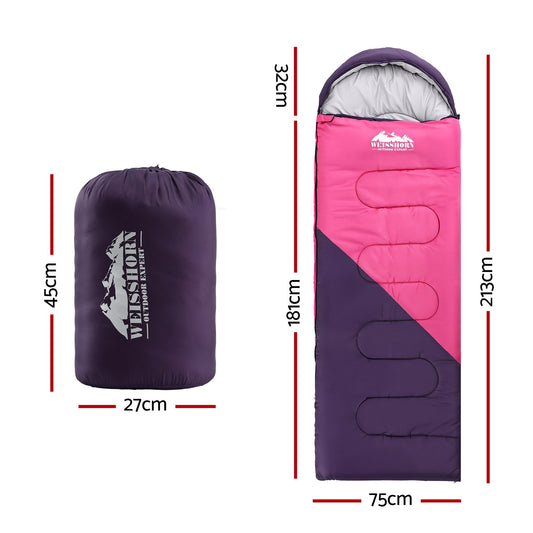 Weisshorn Sleeping Bag Single 213cm Thermal Camping Hiking Pink-1