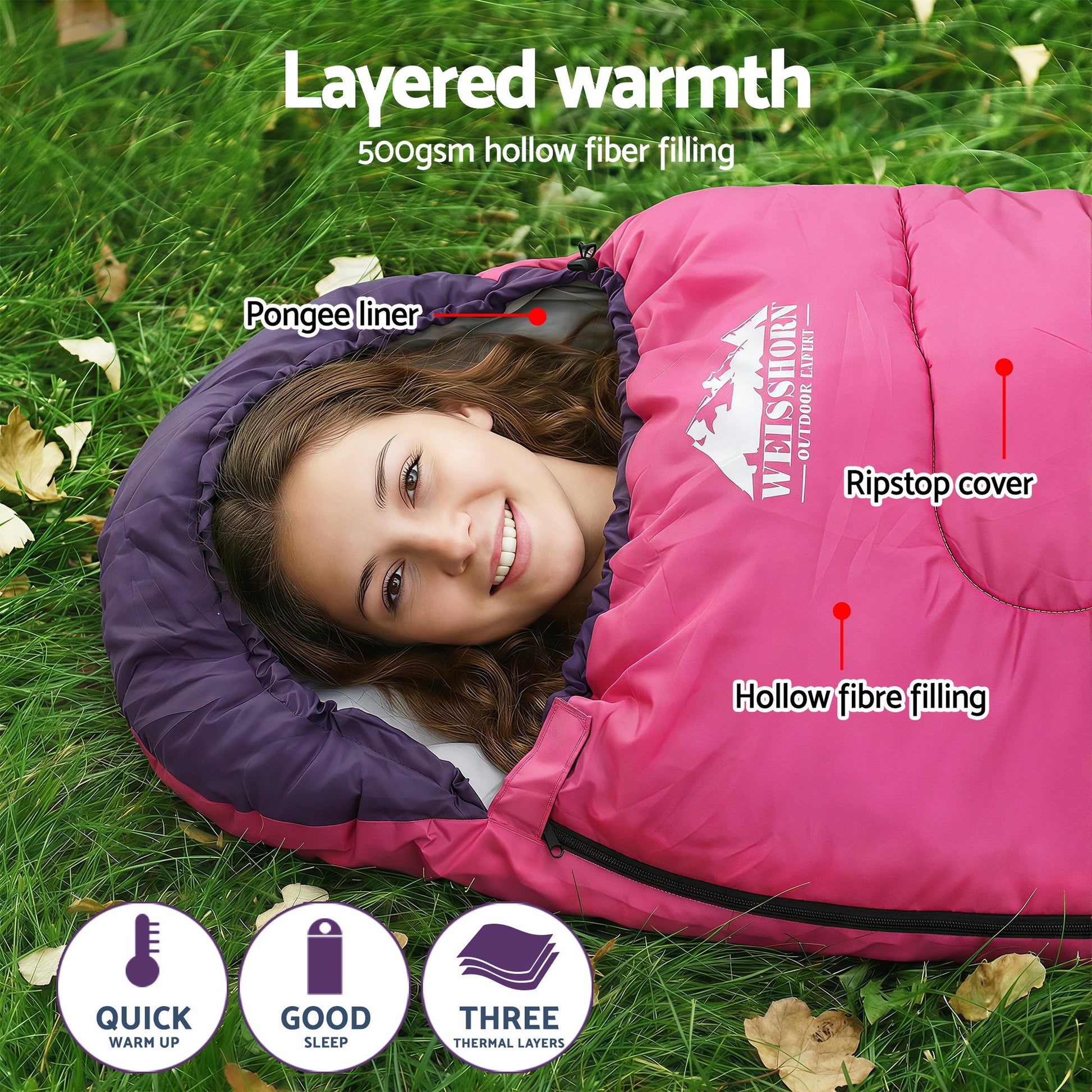 Weisshorn Sleeping Bag Single 213cm Thermal Camping Hiking Pink-4