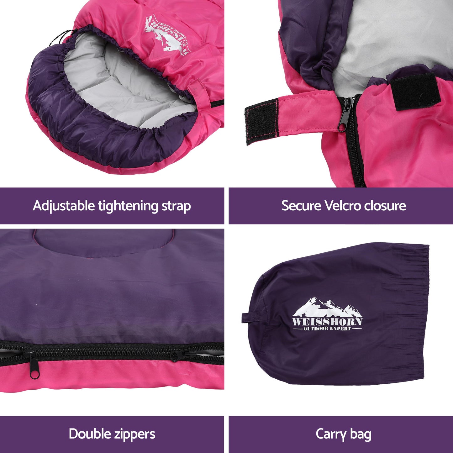 Weisshorn Sleeping Bag Single 213cm Thermal Camping Hiking Pink-8