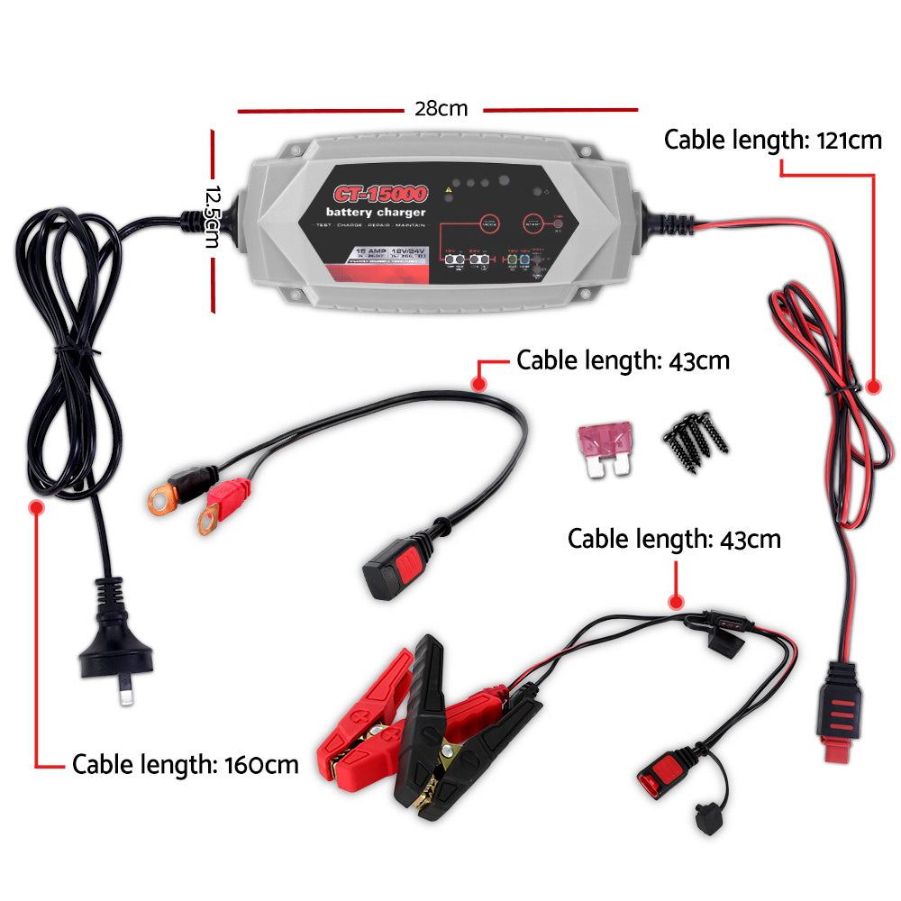 12V Automotive Car Battery Charger 24V 15Amp Smart Vehicle Truck Chargers AGM-1
