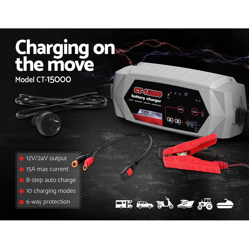 12V Automotive Car Battery Charger 24V 15Amp Smart Vehicle Truck Chargers AGM-2