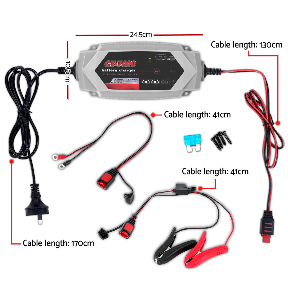 12V Automotive Car Battery Charger 24V 7Amp Vehicle Truck Chargers AGM-1
