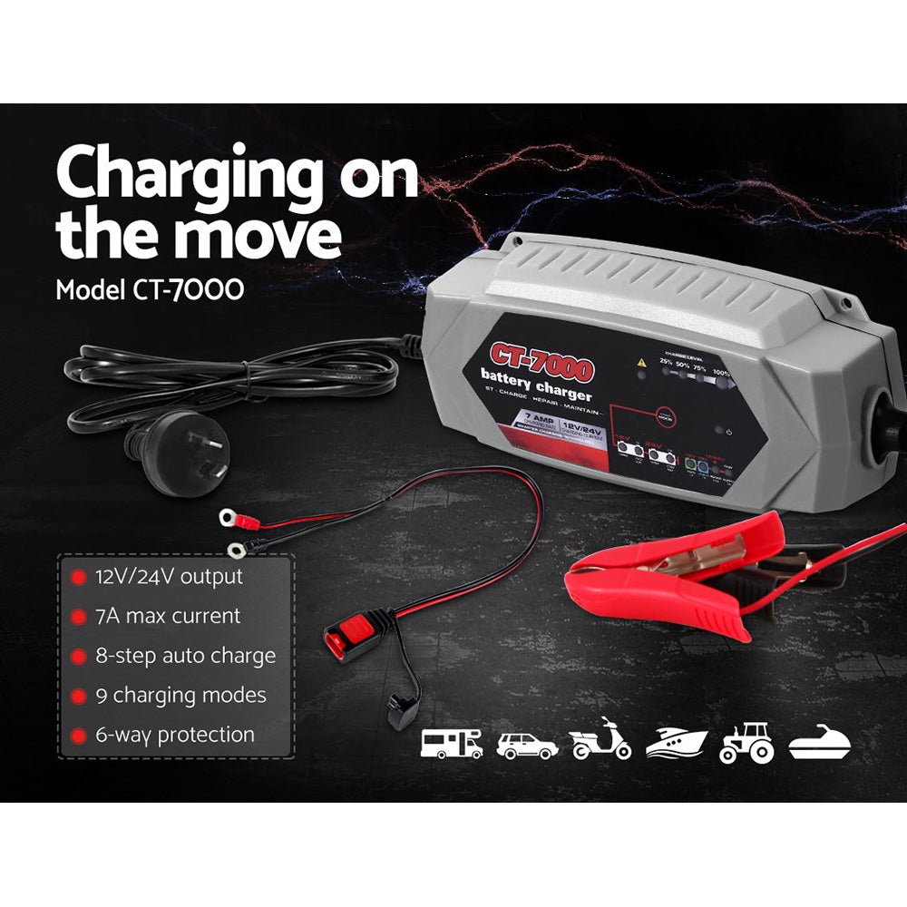 12V Automotive Car Battery Charger 24V 7Amp Vehicle Truck Chargers AGM-2