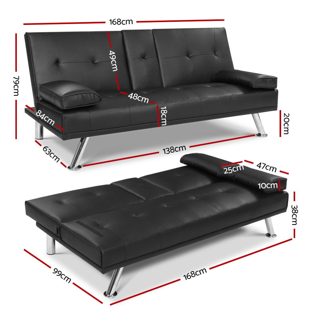 Artiss Sofa Bed 168CM Black PU Leather-1