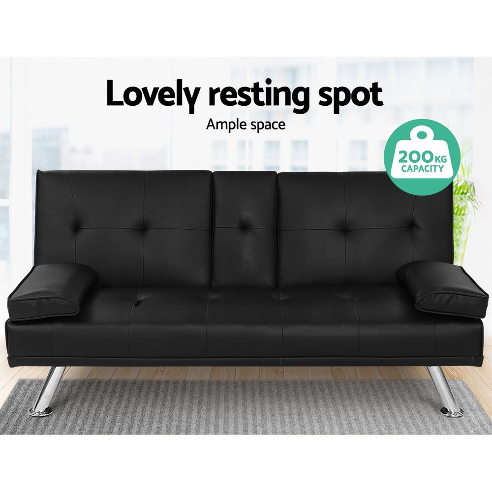 Artiss Sofa Bed 168CM Black PU Leather-2