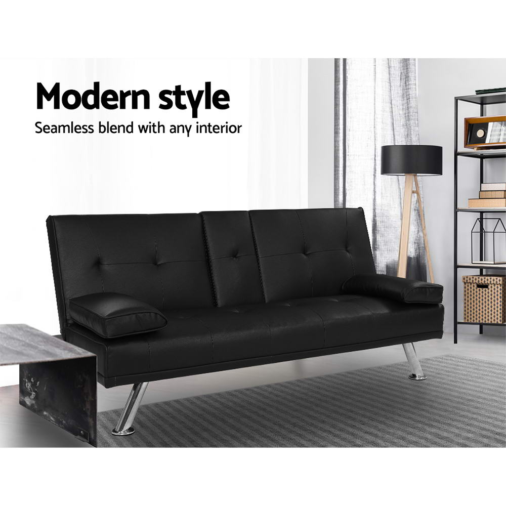 Artiss Sofa Bed 168CM Black PU Leather-3