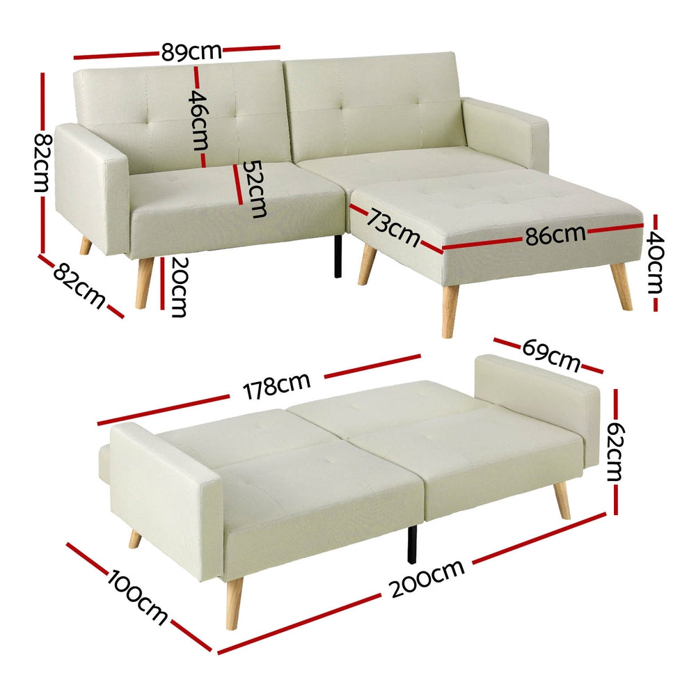 Artiss Sofa Bed Ottoman 3 Seater Beige Faux Linen-1