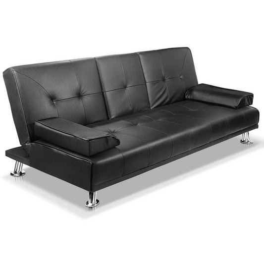 Artiss Sofa Bed 188CM Black PU Leather-0