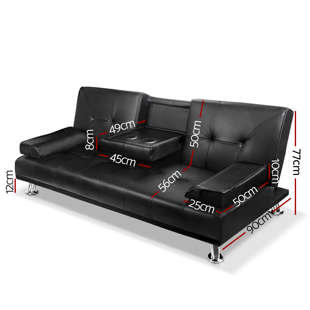 Artiss Sofa Bed 188CM Black PU Leather-1